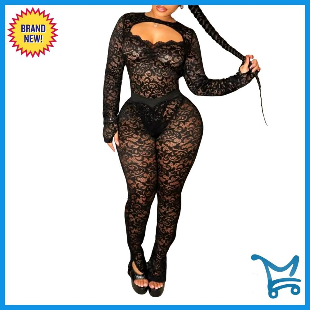 Sexy Lace Jumpsuit Halter Backless See Through Bodysuit Flare Pants Set
